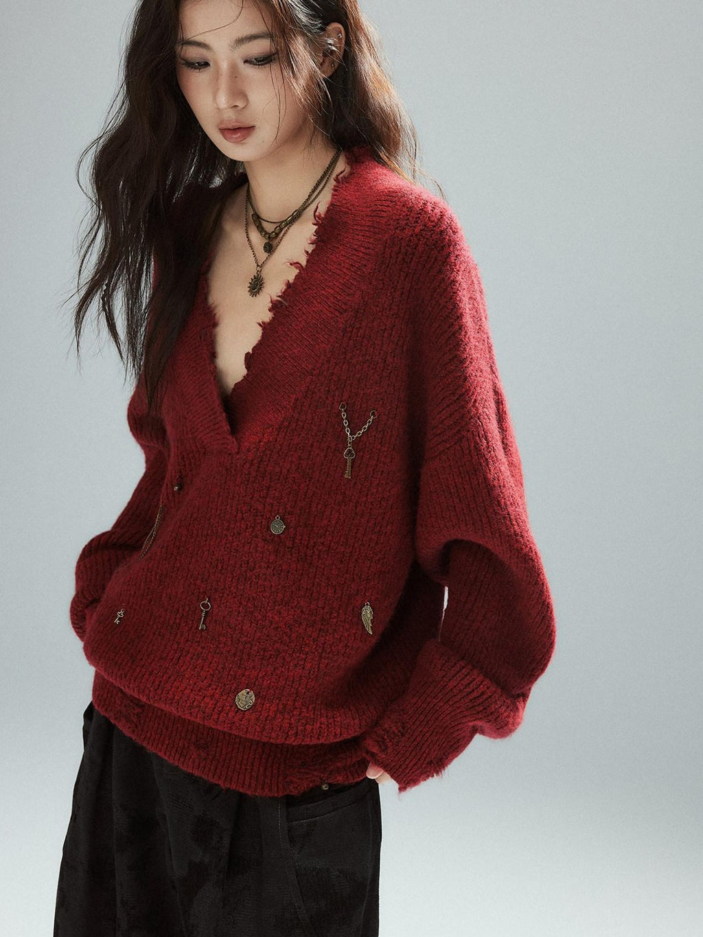 Warm Oversized Street Raw Hem Women V-neck Red Pullover Sweaters