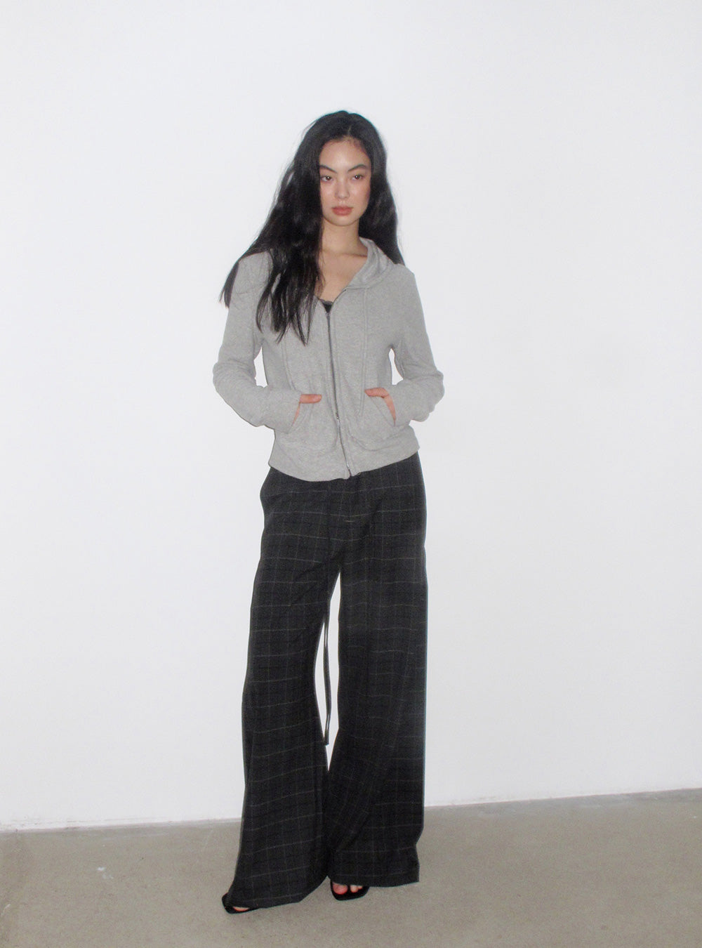 Dark Grey Check Side-Slit Wide Pants