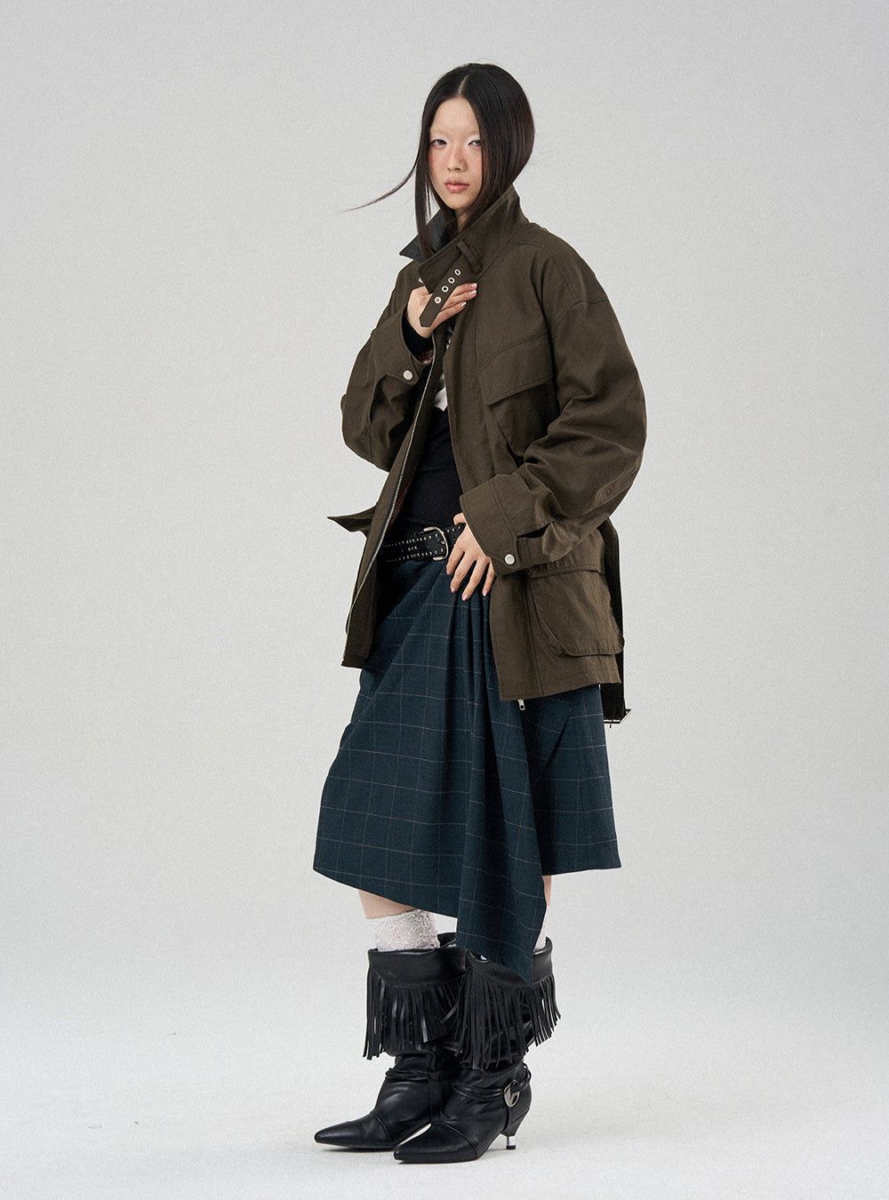 Asymmetric Pleated Plaid Check Skirt