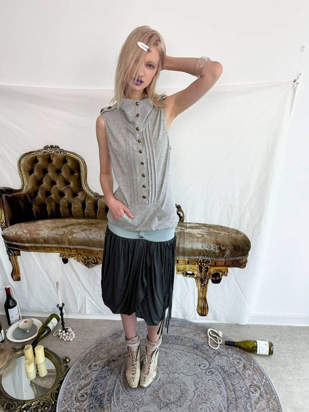 Metal Button Epaulet Convertible Half High Neck Women'S Cotton Blend Tank Tops
