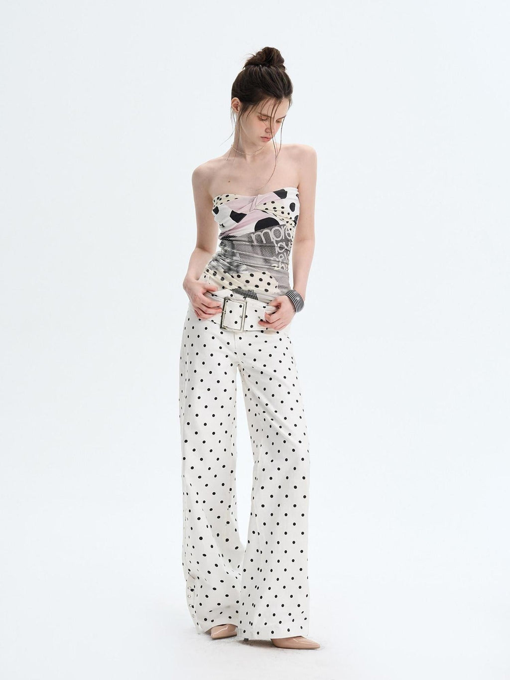 White Polka Dot V Waist Loose Fit Button Fly Women Denim Straight Leg Jeans
