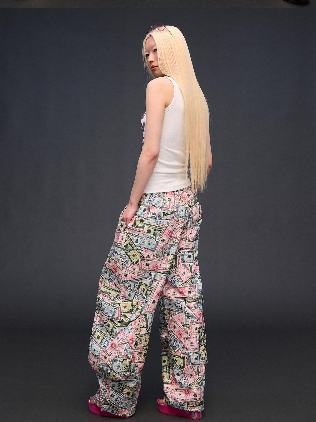 Money Print Cargo Multi Pocket Women'S Cotton Wide-Leg Pants