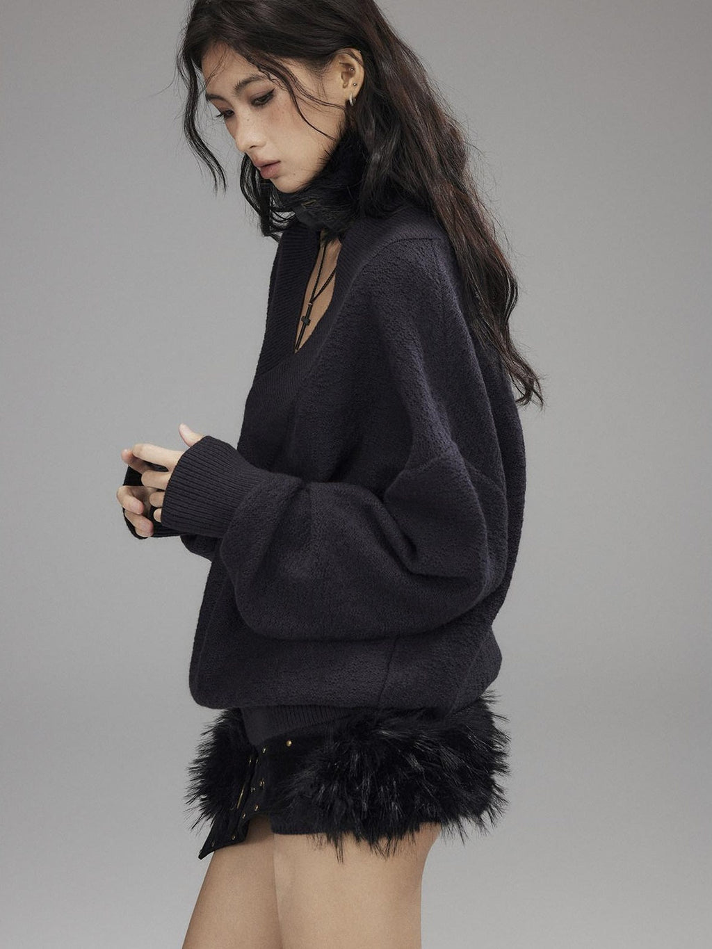Knitted Wool Blend Loose Street Style Women Two Piece Set Navy Mini Shorts