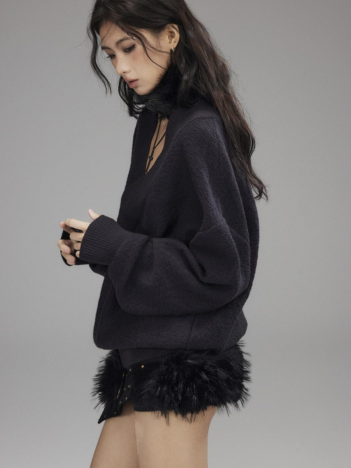Knitted Wool Blend Loose Street Style Women Two Piece Set Navy Mini Shorts