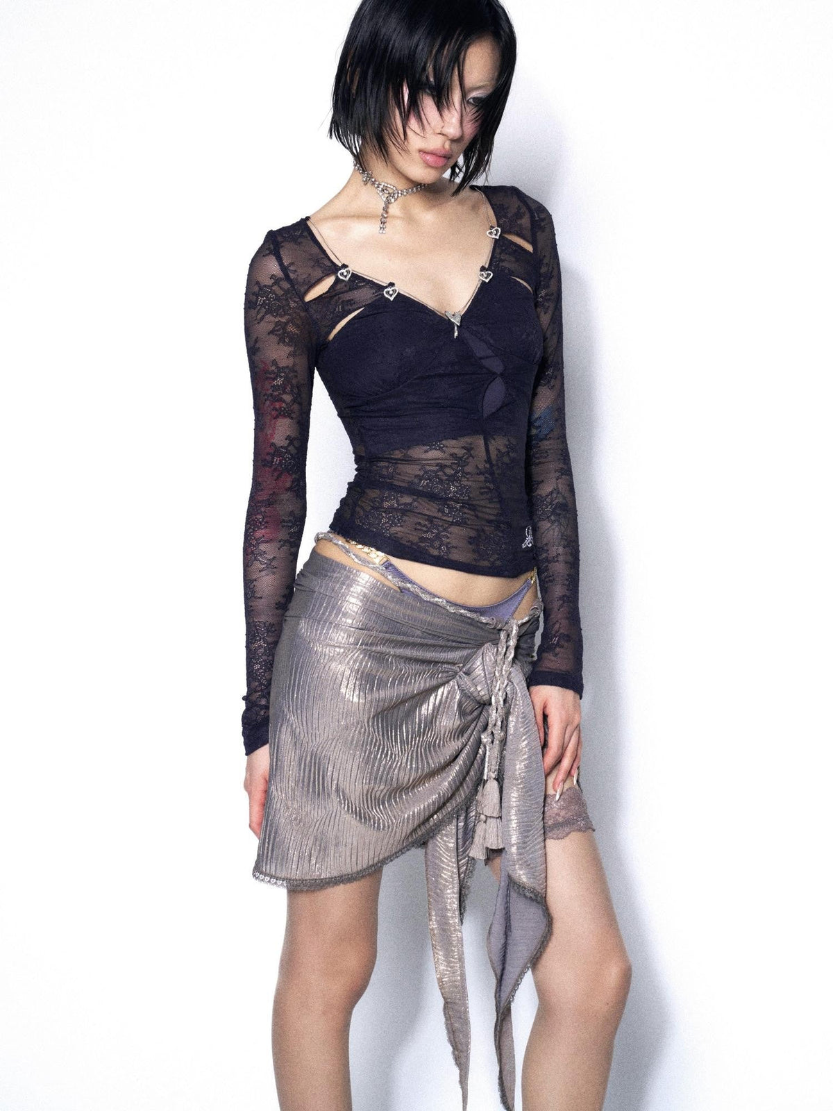 Dark Blue Purple Lace Cutout Heart Women'S Cotton Long Sleeve T-Shirts