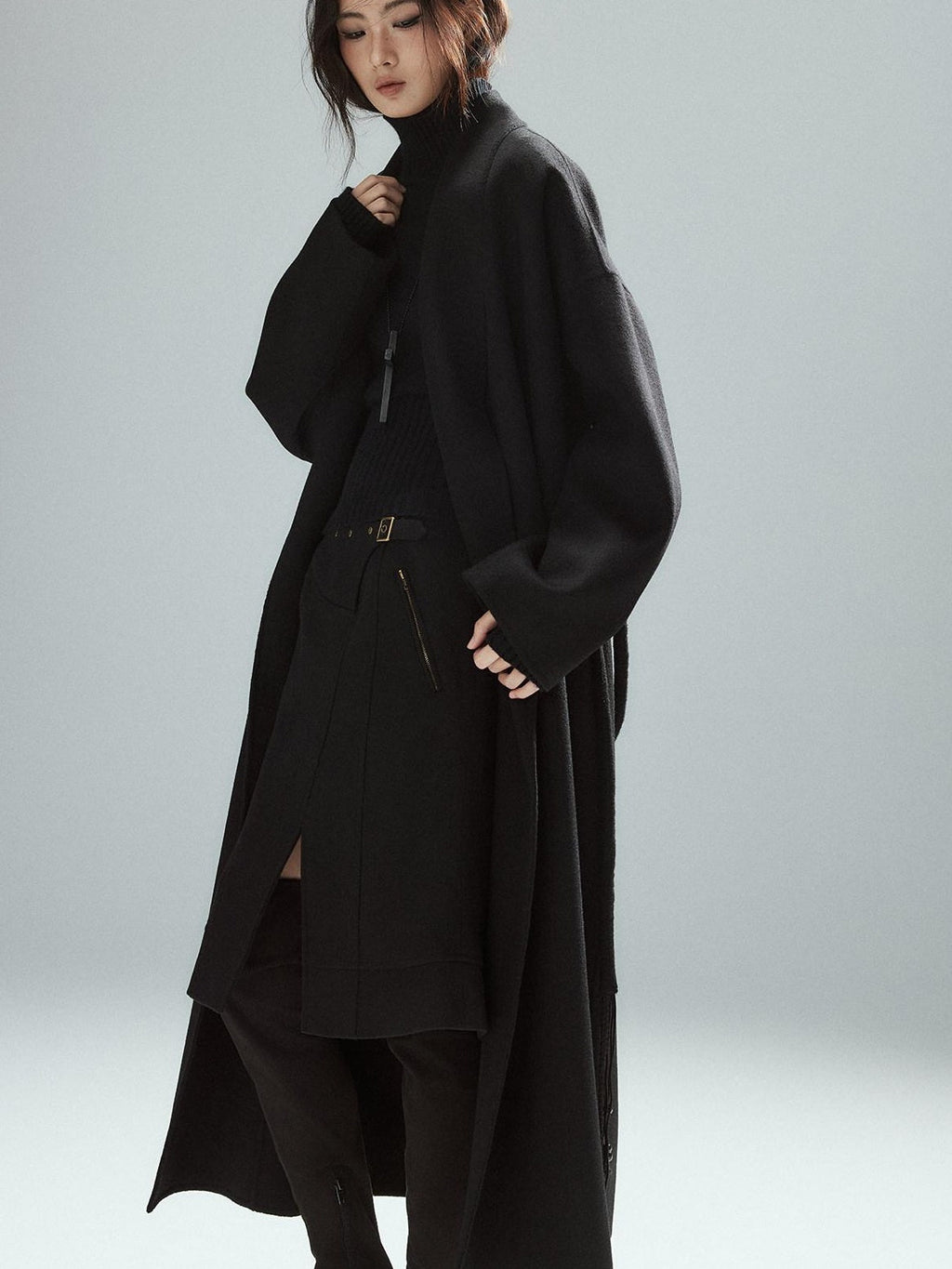 Wool Blend Lined Patchwork Hline Slim Low Waist Black Side Zip Midi Skirts