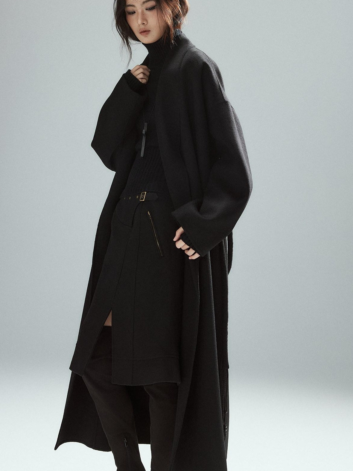 Wool Blend Lined Patchwork Hline Slim Low Waist Black Side Zip Midi Skirts