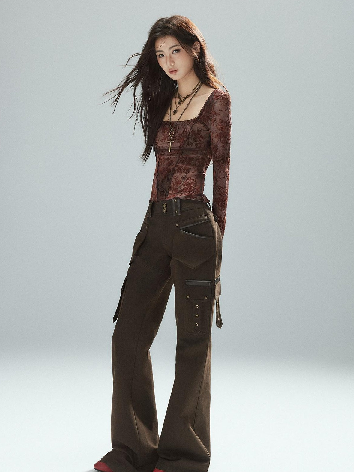 Slim Low Rise Cotton Flare Street Style Zipper Brown Women Cargo Pants