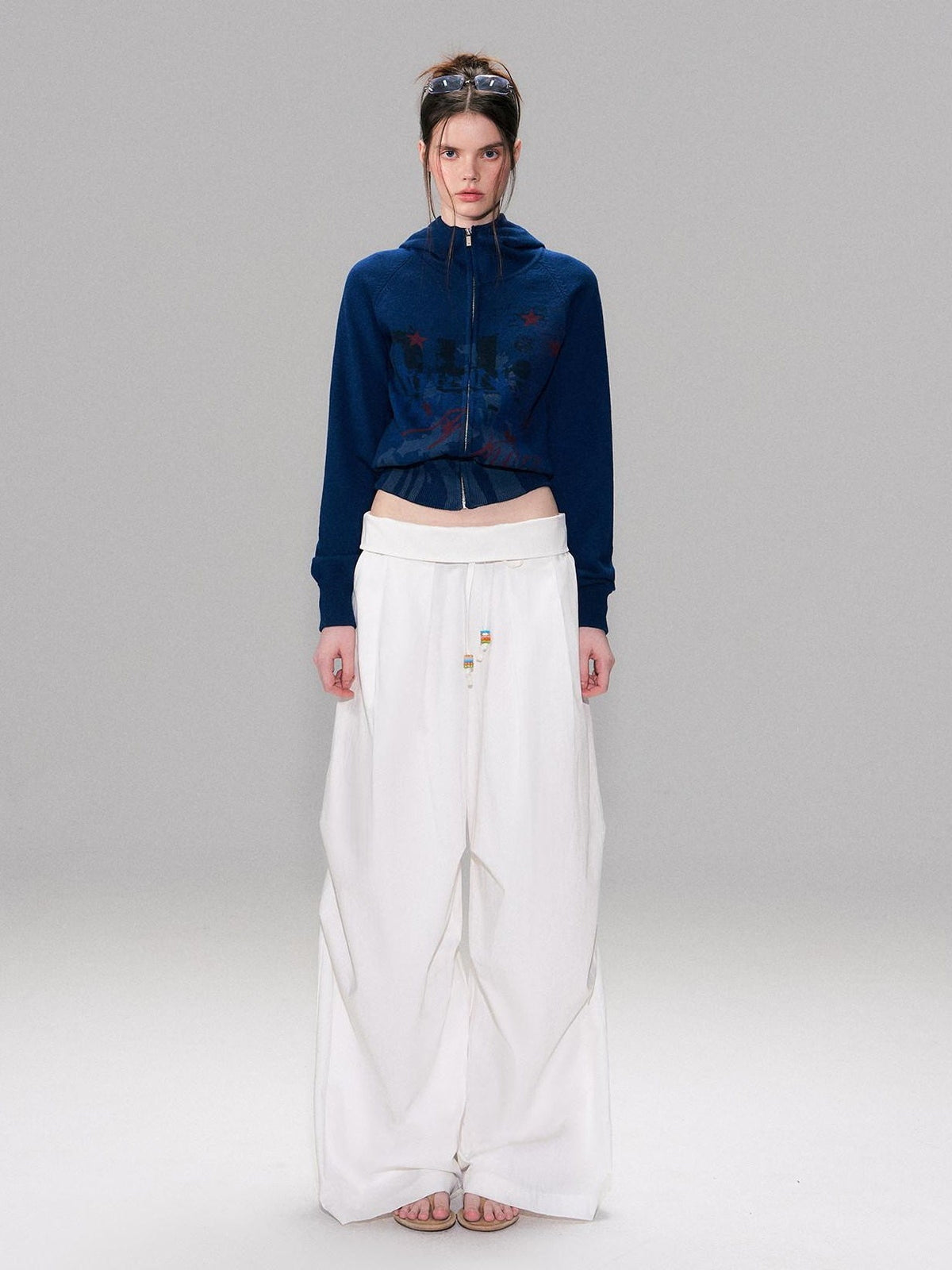 Cotton Blend Vintage Curved Cut Natural Waist Women White Wide Leg Pants