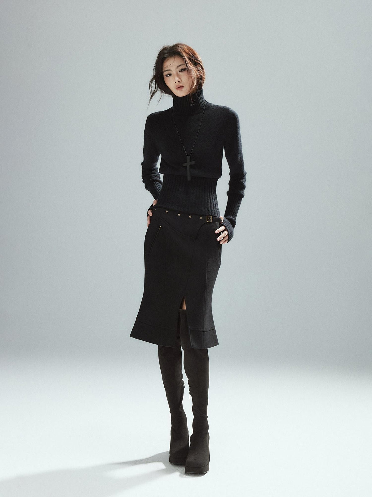 Wool Blend Lined Patchwork Hline Slim Low Waist Black Side Zip Midi Skirts