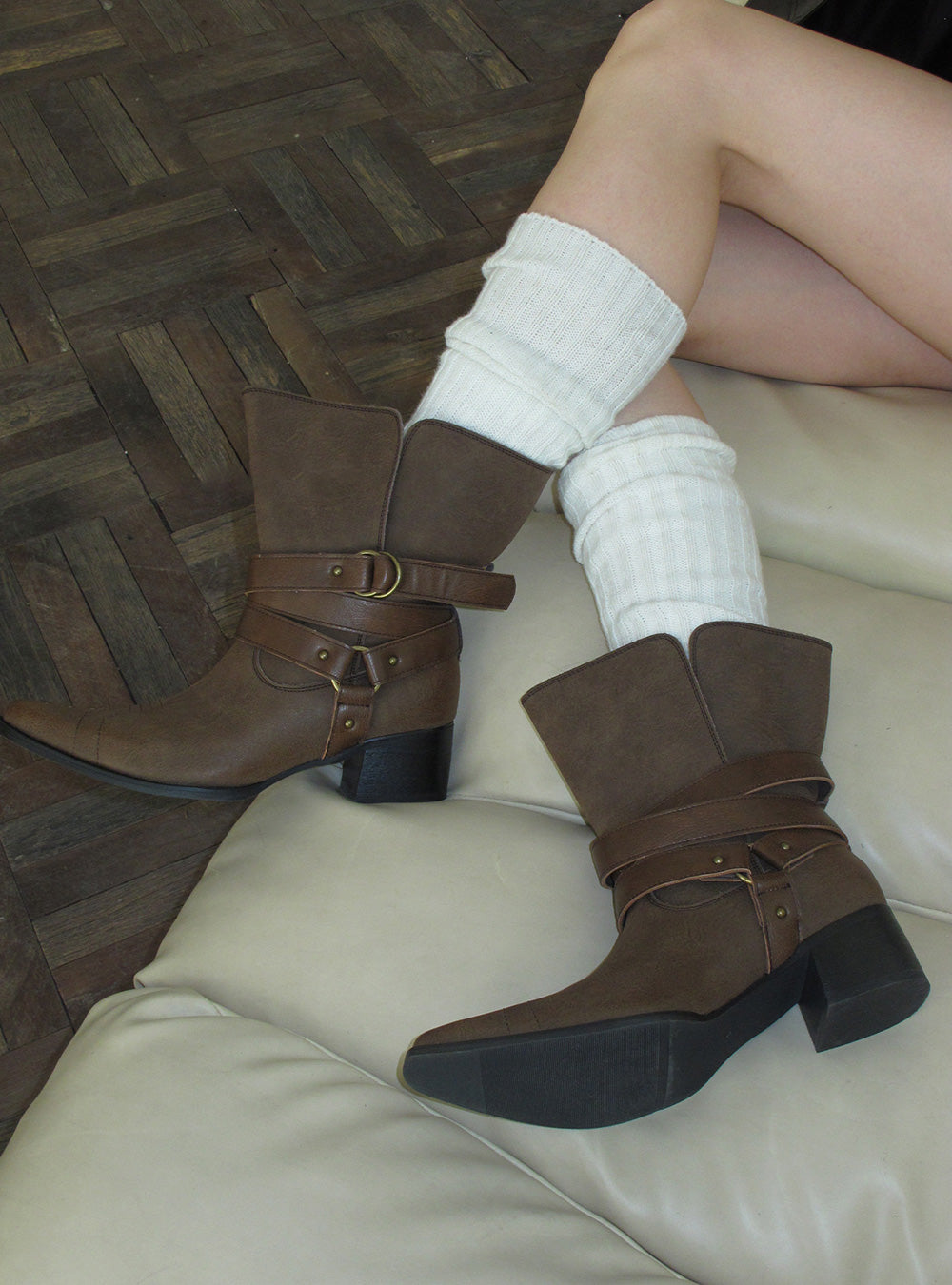 Dark Sage Stitched Cowboy Ankle Boots (2color)