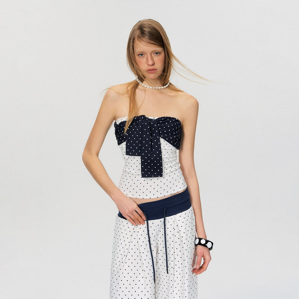 Polka Dot Cotton Two Piece Colorblock Sexy High Waist Pants Tube Tops