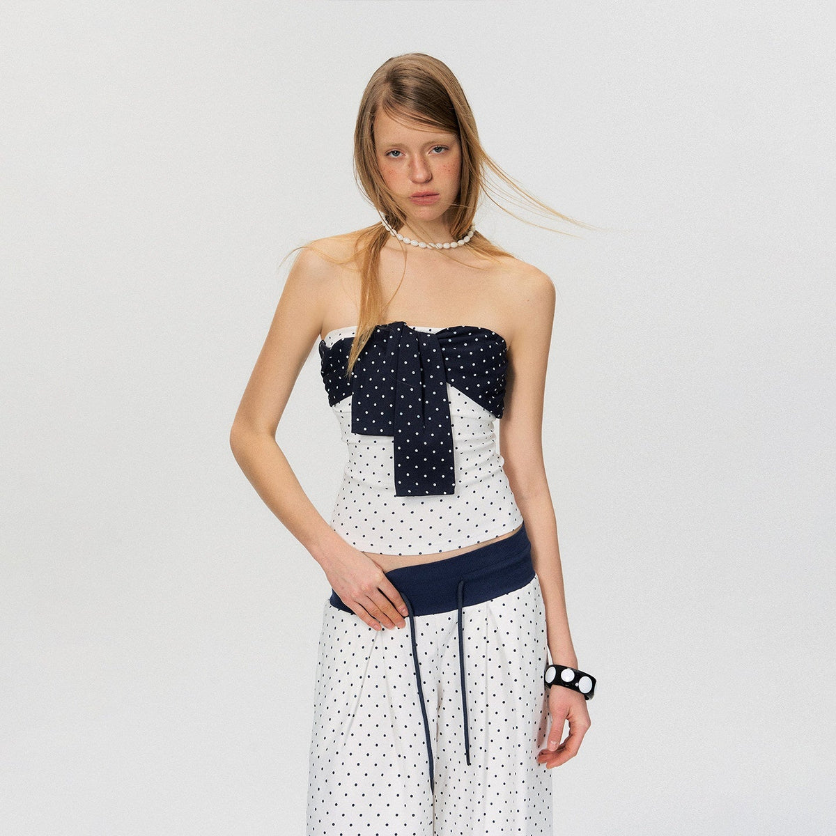 Polka Dot Cotton Two Piece Colorblock Sexy High Waist Pants Tube Tops