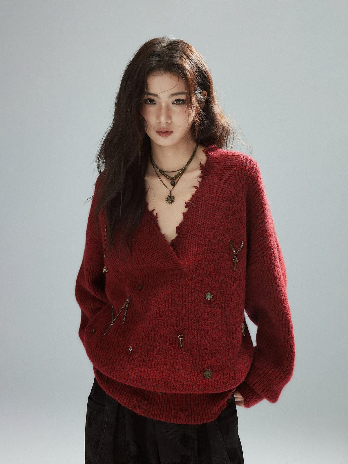 Warm Oversized Street Raw Hem Women V-neck Red Pullover Sweaters