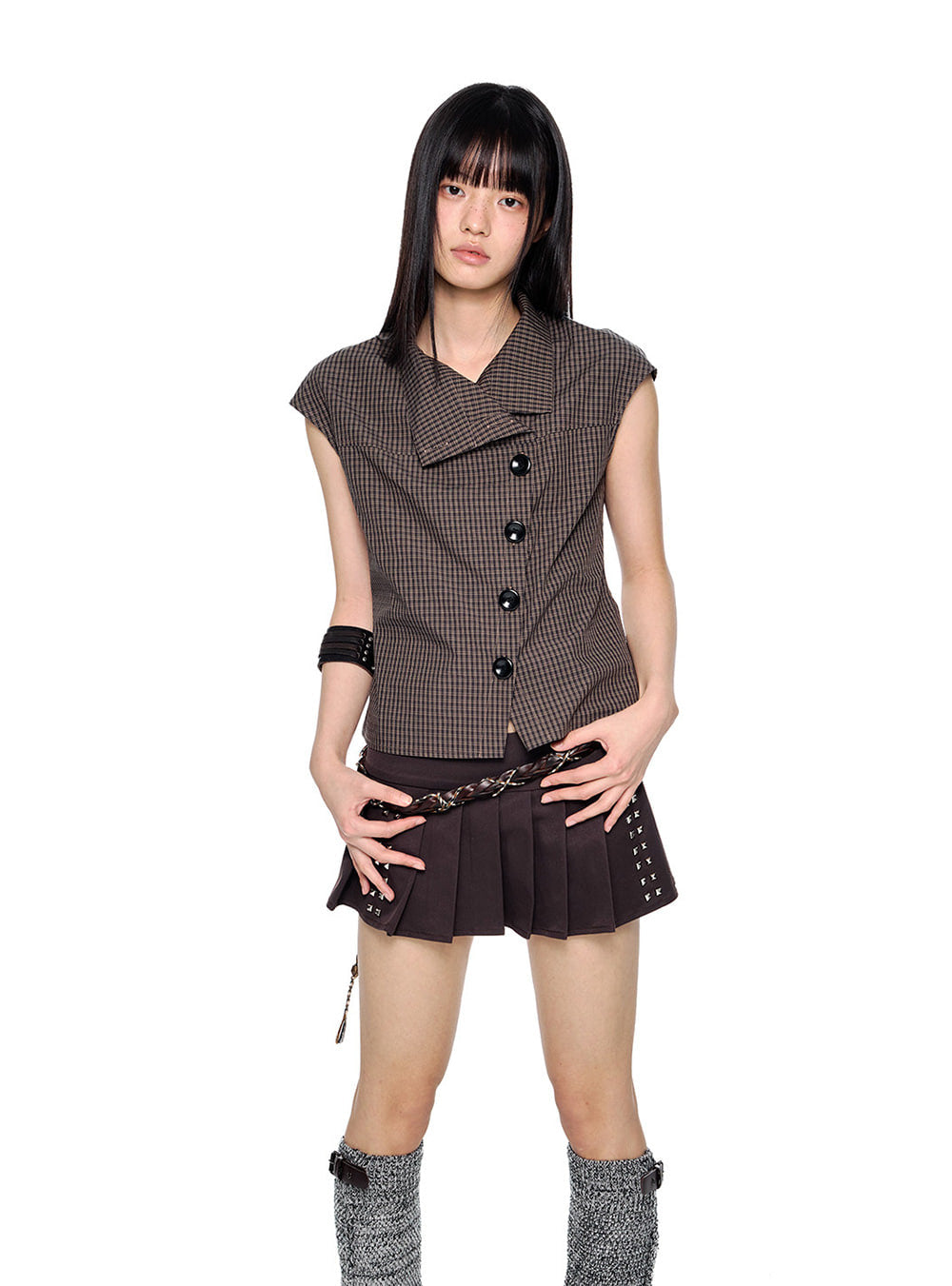 Tilt Button Check Slim Blouse Top