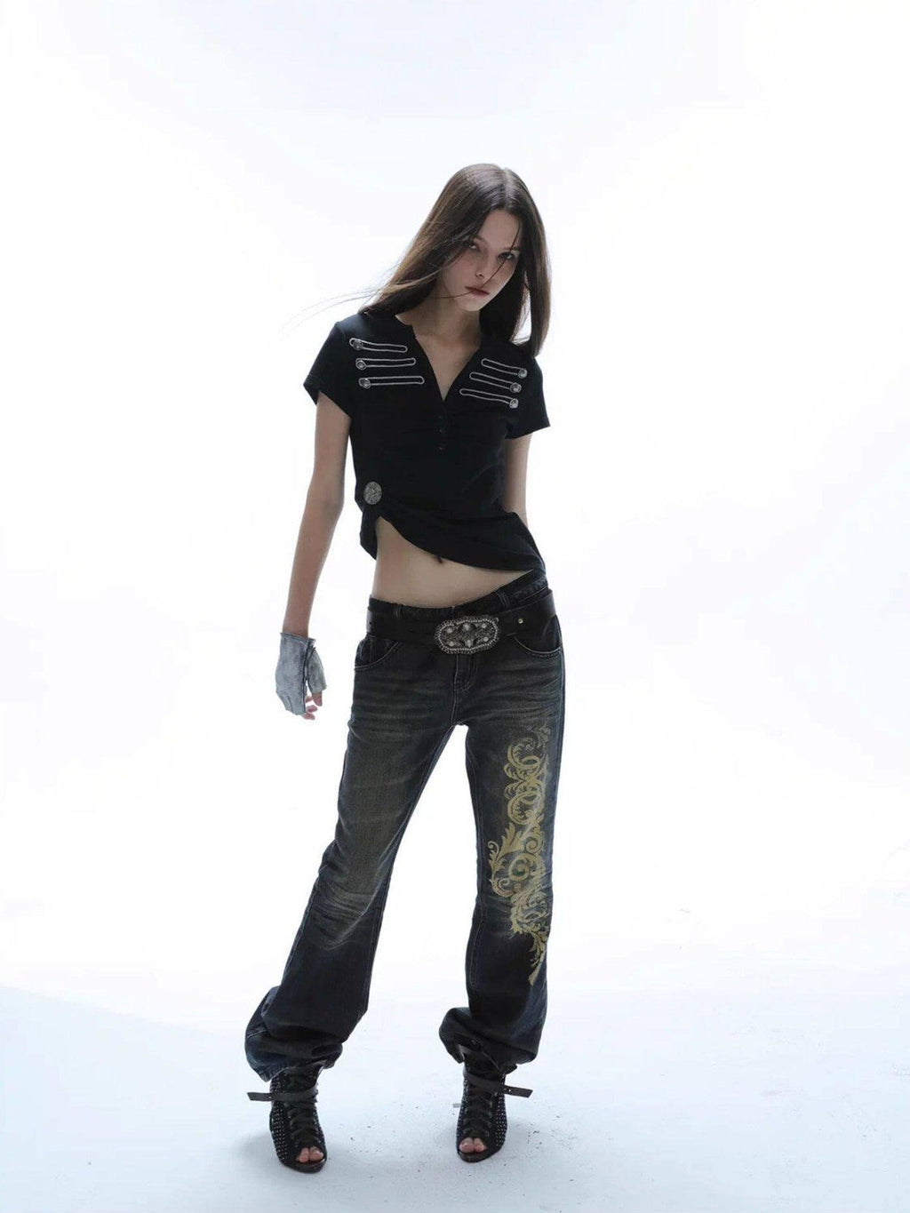 Baroque Print Distressed Micro Flare Women'S Cotton Low-Rise Jeans