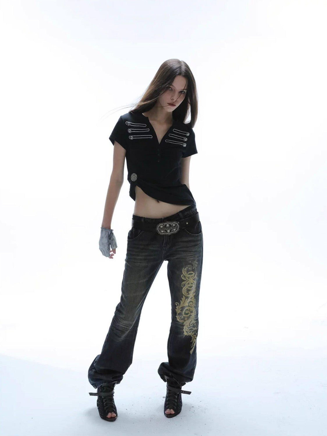 Baroque Print Distressed Micro Flare Women'S Cotton Low-Rise Jeans