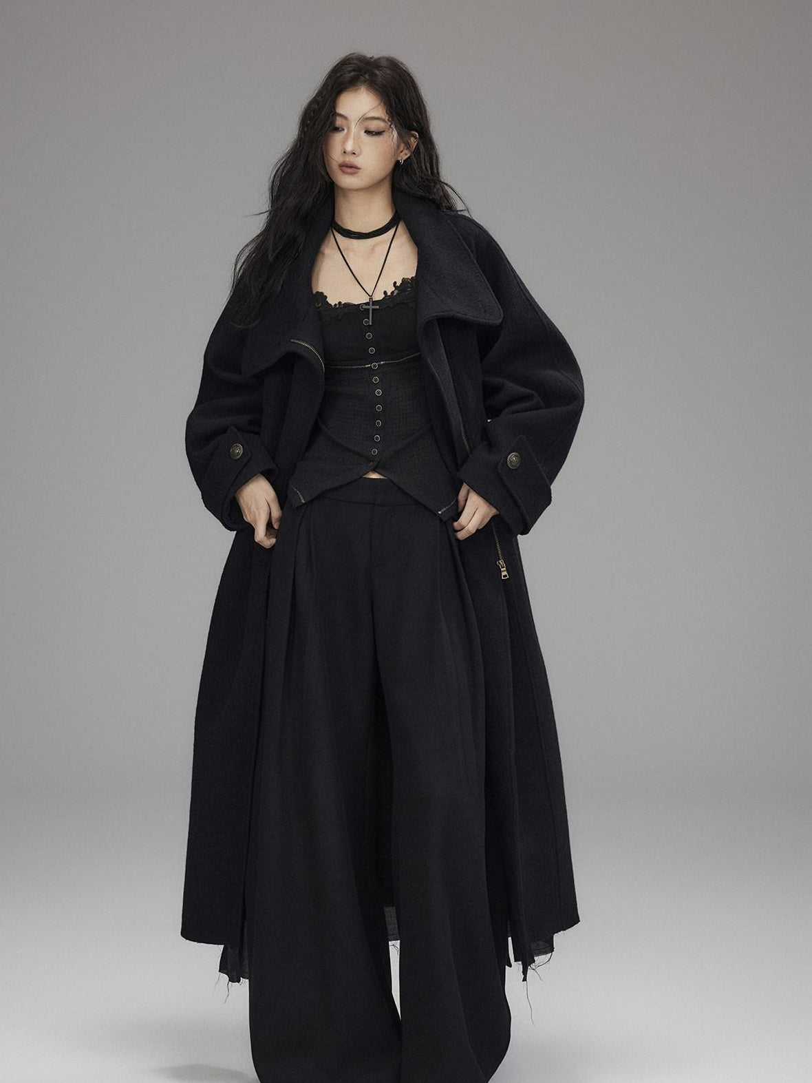 Black Wool Blend Low Rise Zipper Casual Straight Hem Women Wide Leg Pants