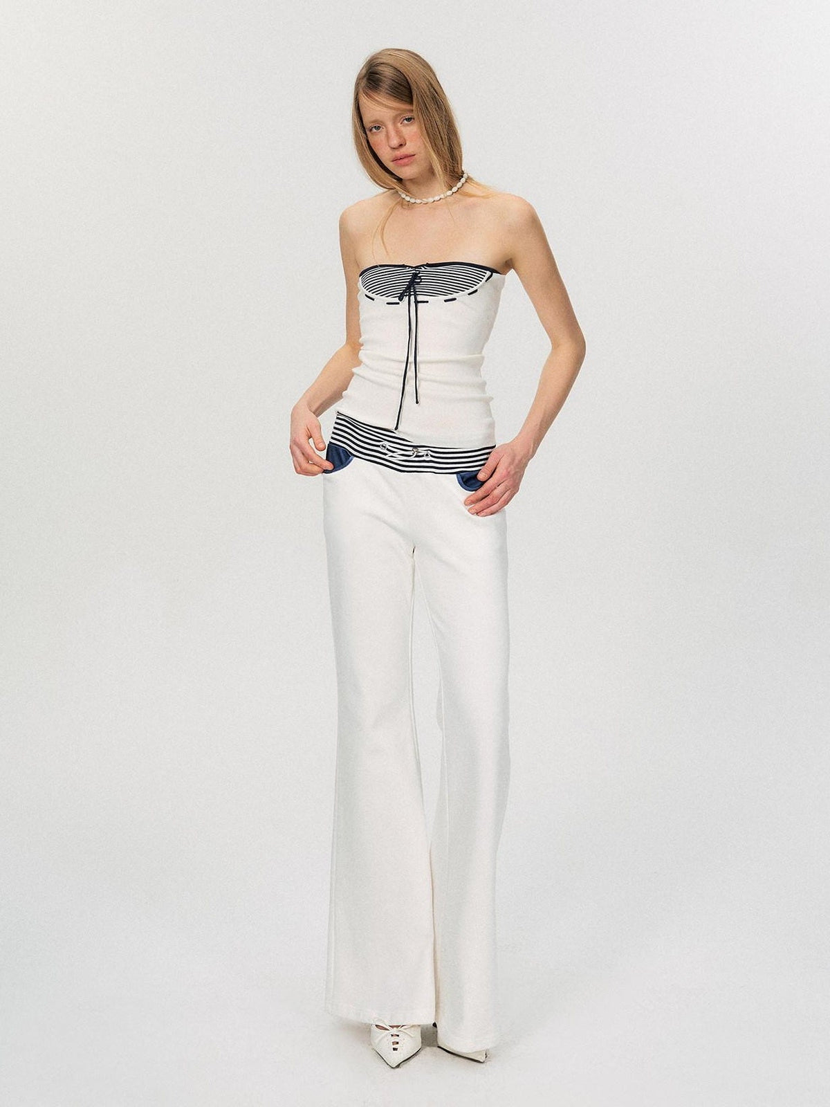 Comfortable Casual Cotton Blend Slight Flare Mid Rise Women White Straight Pants