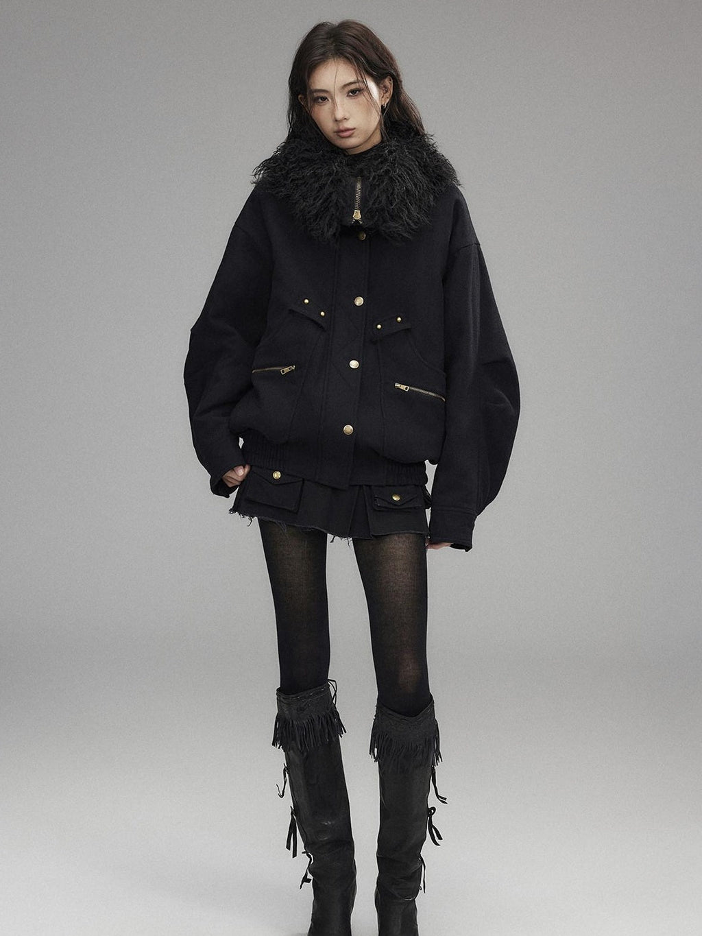 Thick Wool Blend Multi Pocket Loose Fit Sexy Girl Black Zipper Cropped Jackets