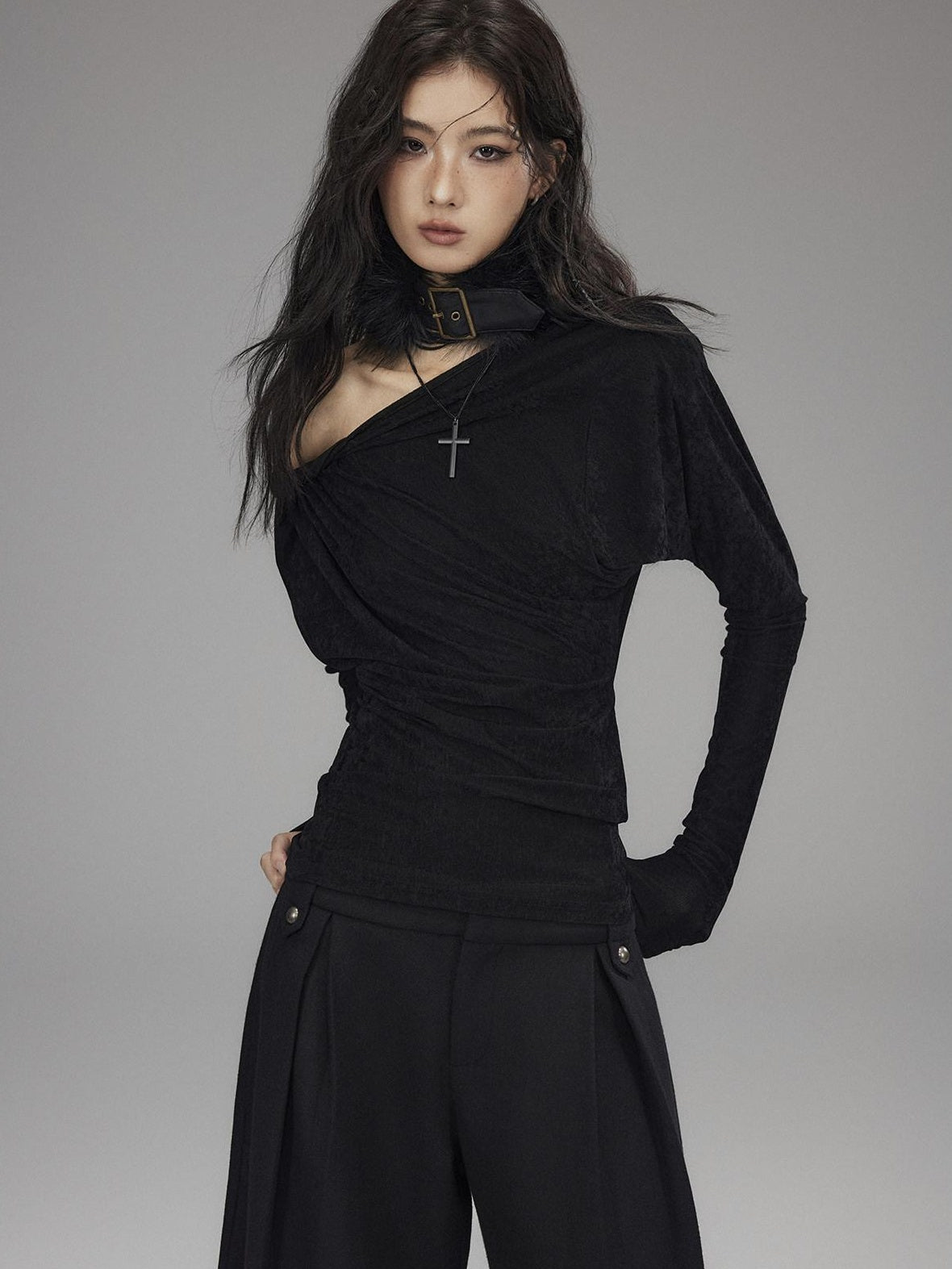 Vintage Waist Long Sleeve Slant Neck Black Knit Women Off Shoulder Crop Tops