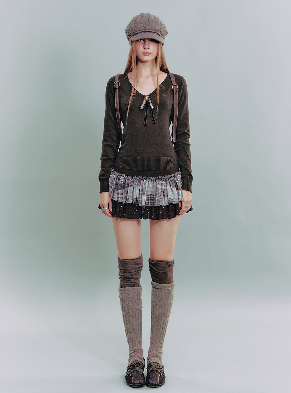 Brown Ribbon Knit Top & Check Skirt