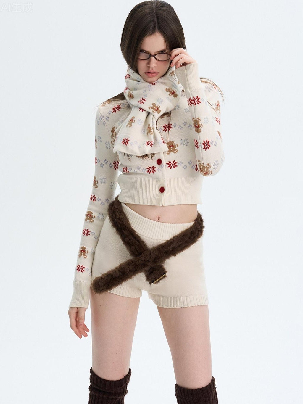 Cashmere Blend Bear Jacquard Cute Slim Cropped Crewneck Knitwear Cardigans