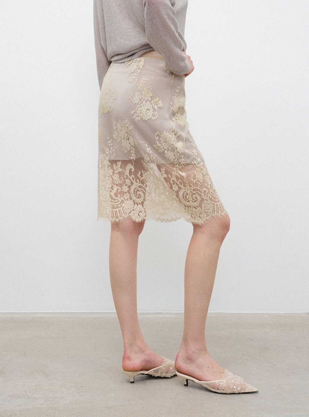 Champagne Lace Midi Skirt