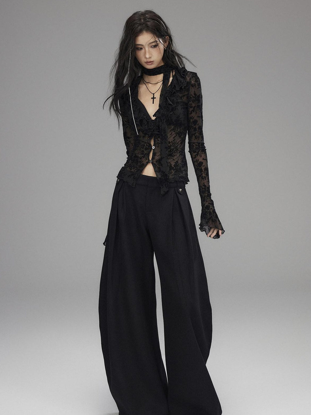 Black Wool Blend Low Rise Zipper Casual Straight Hem Women Wide Leg Pants