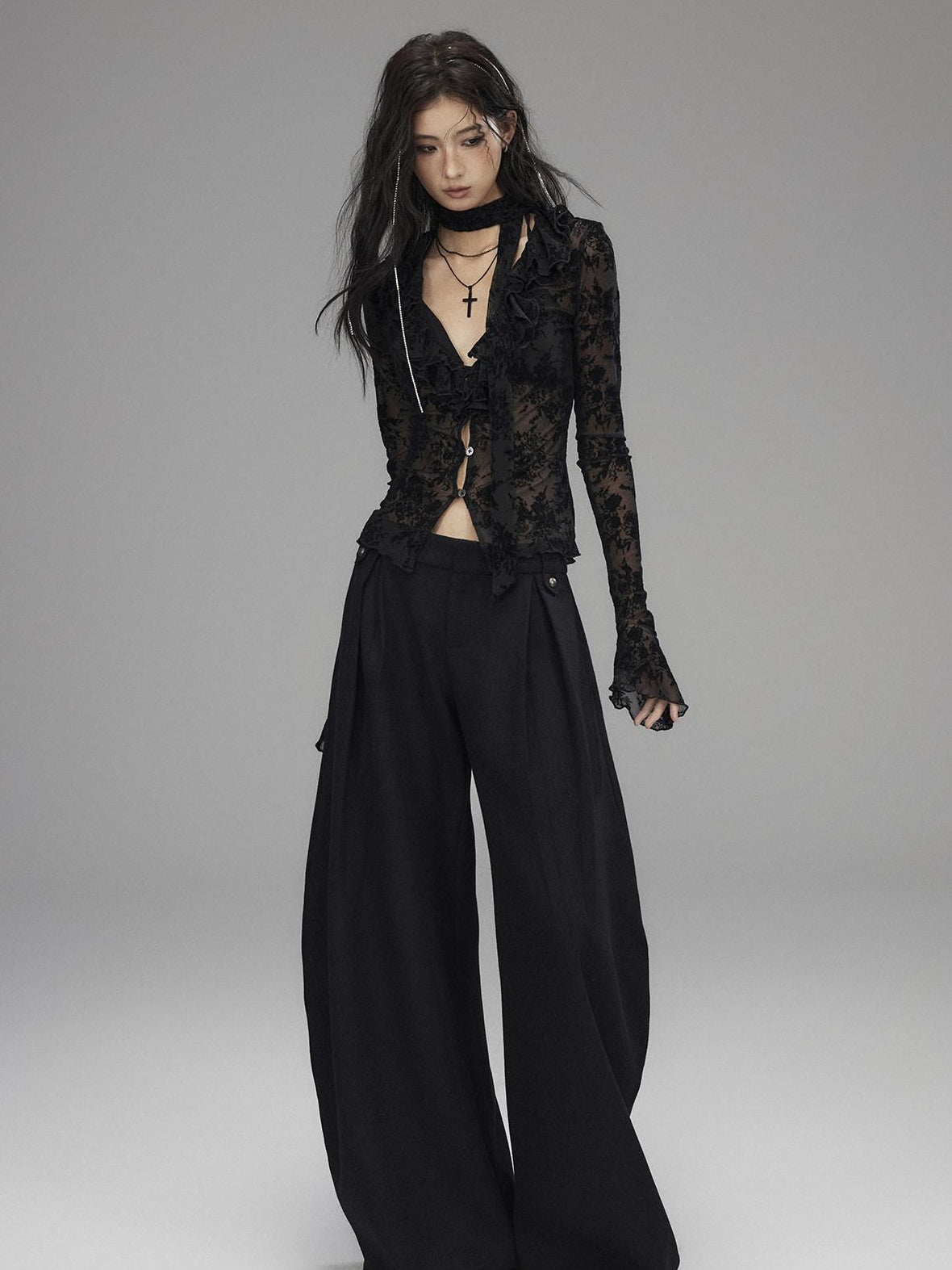Black Wool Blend Low Rise Zipper Casual Straight Hem Women Wide Leg Pants