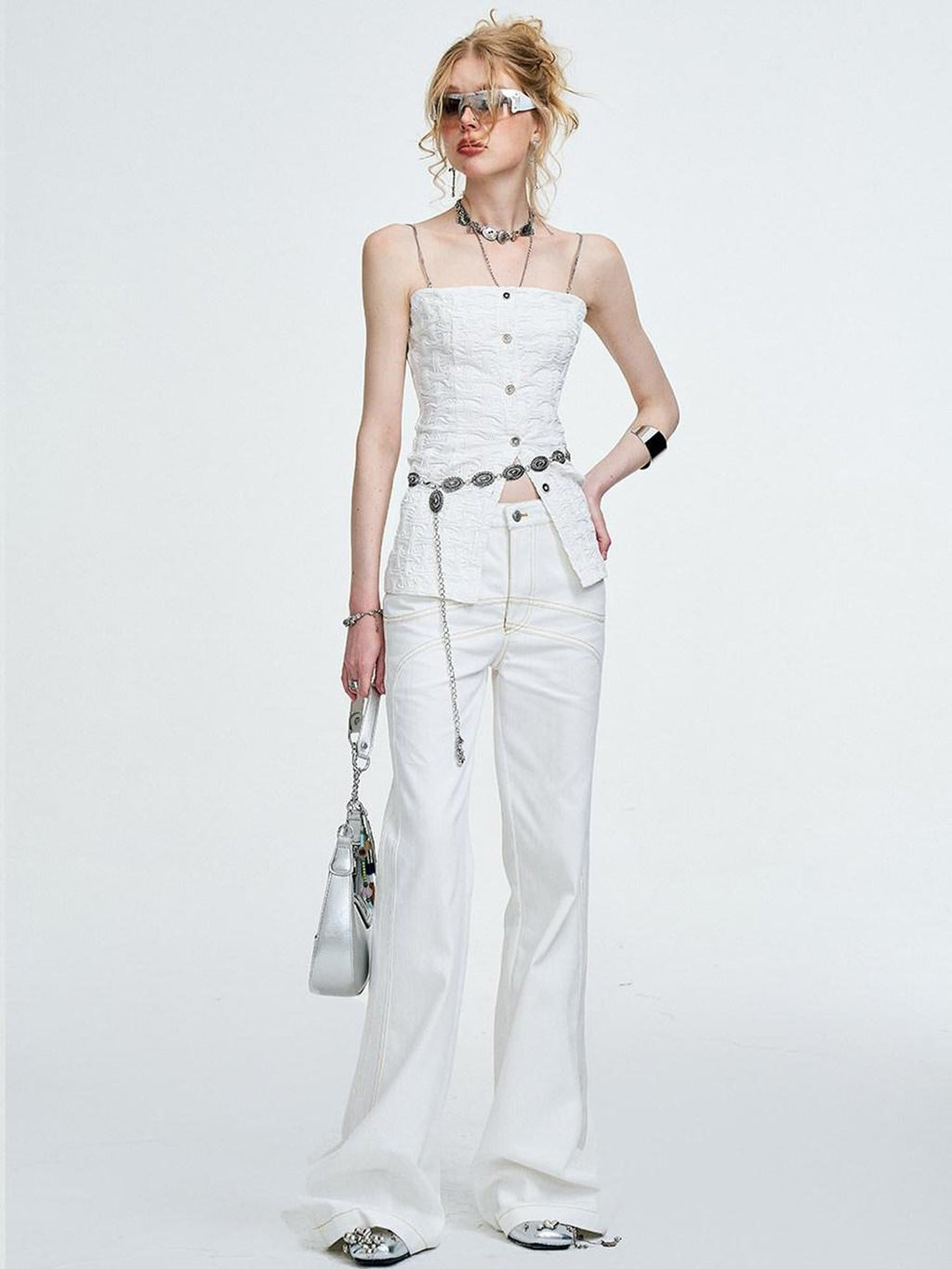 3D Chain Ruffle Button Original Slim Fit Cotton Blend Solid White Camisoles