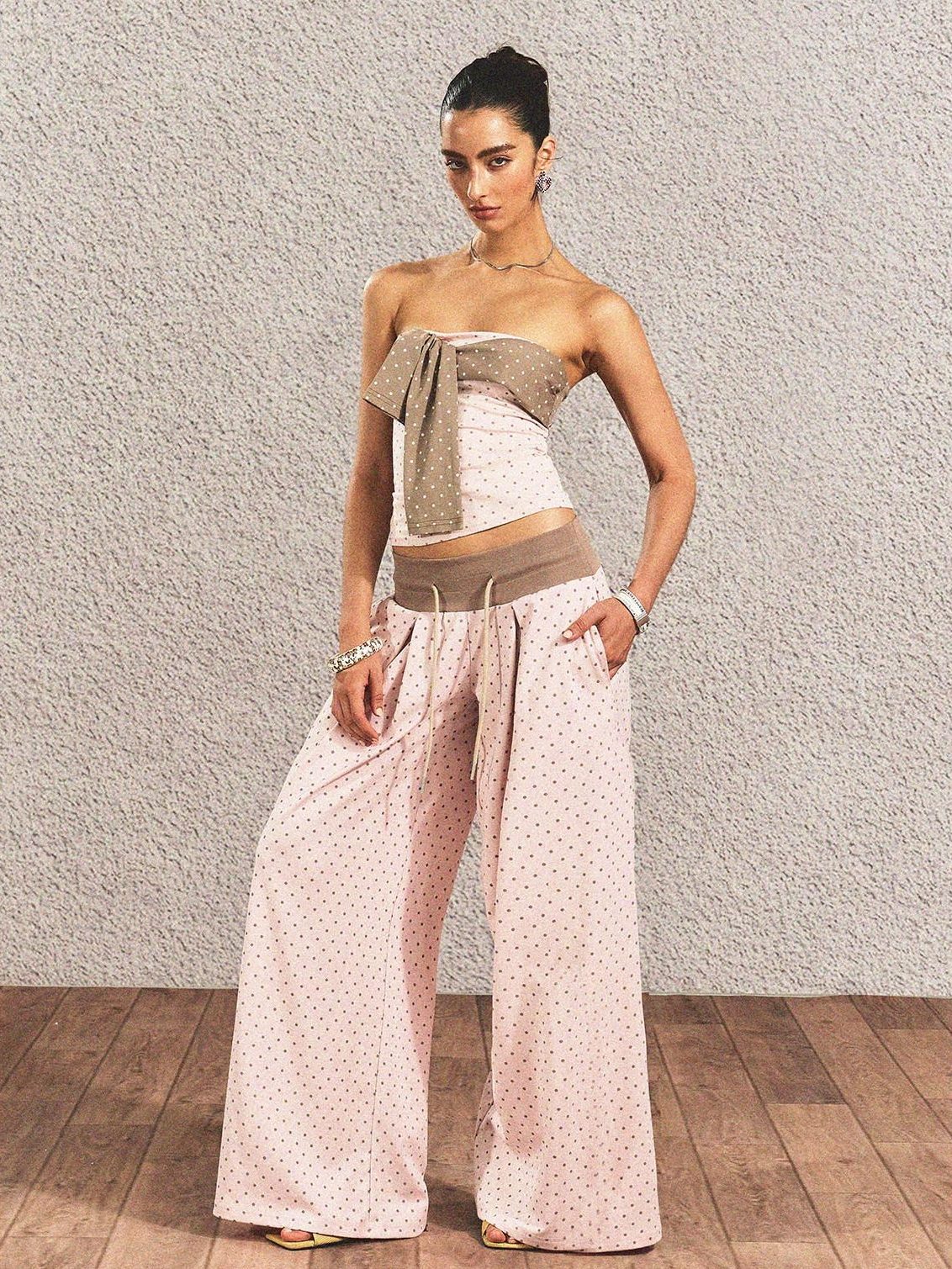 Polka Dot Cotton Two Piece Colorblock Sexy High Waist Pants Tube Tops