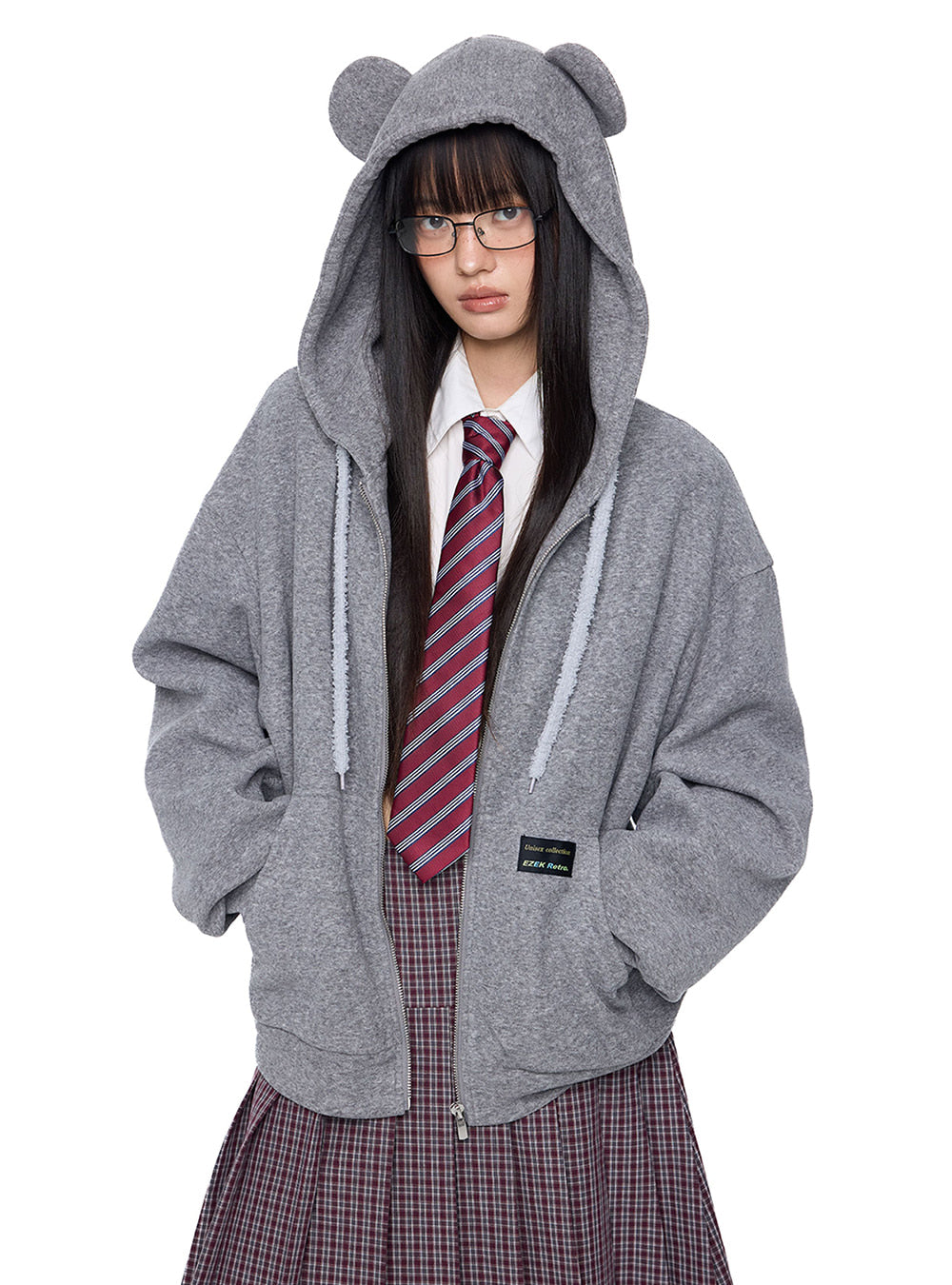 Cute Bear Ear Drawstring Hooded Zip-Up (2color)
