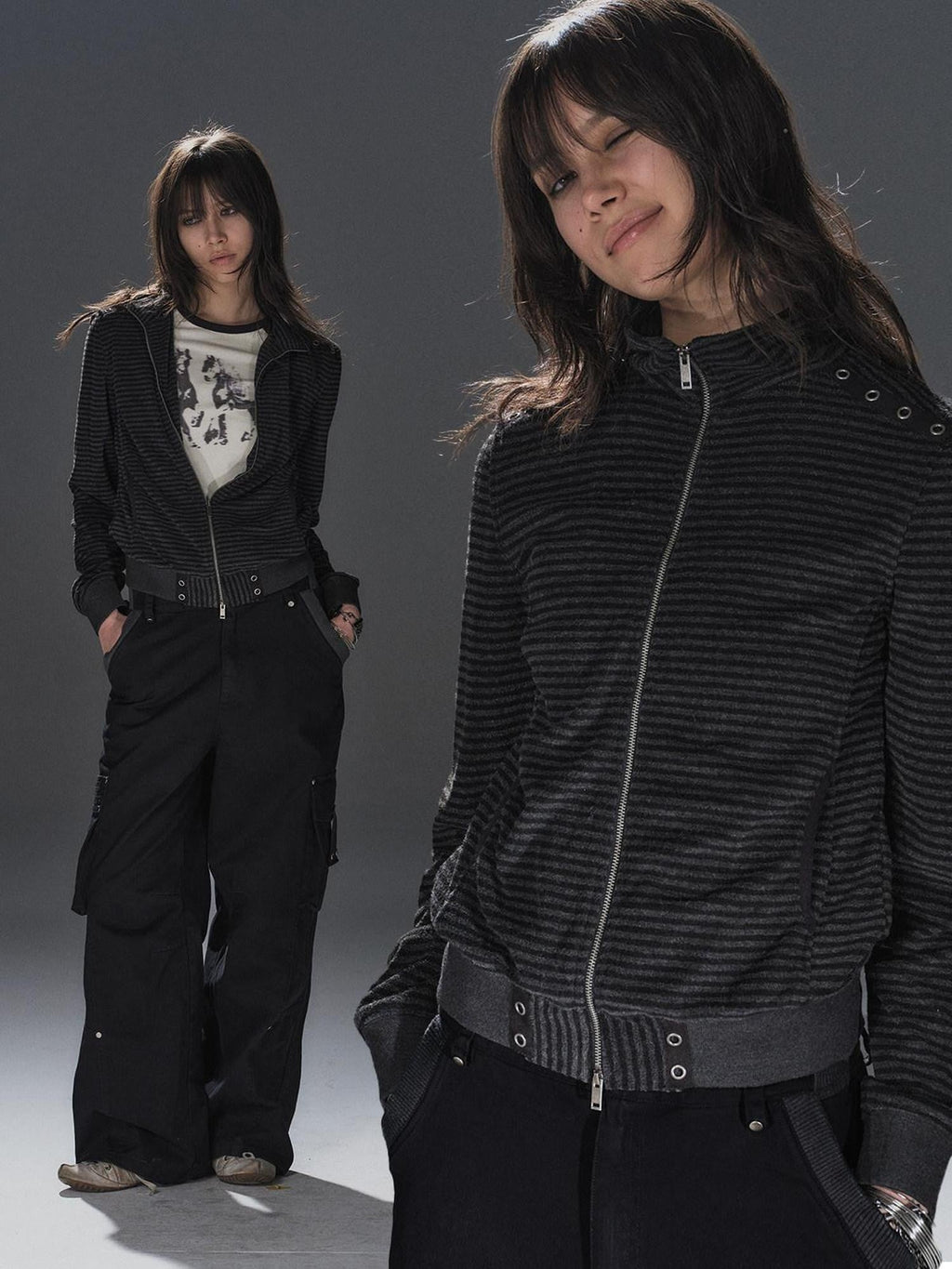 Black Gray Striped Eyelet Tape Splice Punk Women'S Polyester Casual Jackets