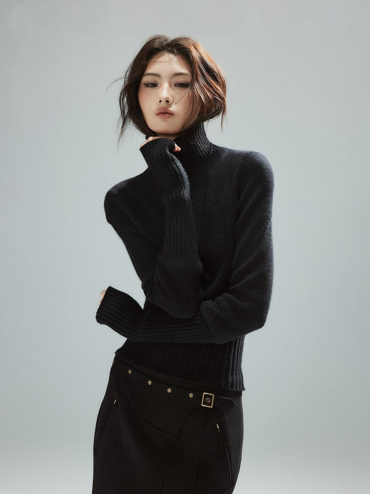Soft Viscose Wool Blend Street Slim Patchwork Women High Neck Knit Sweaters