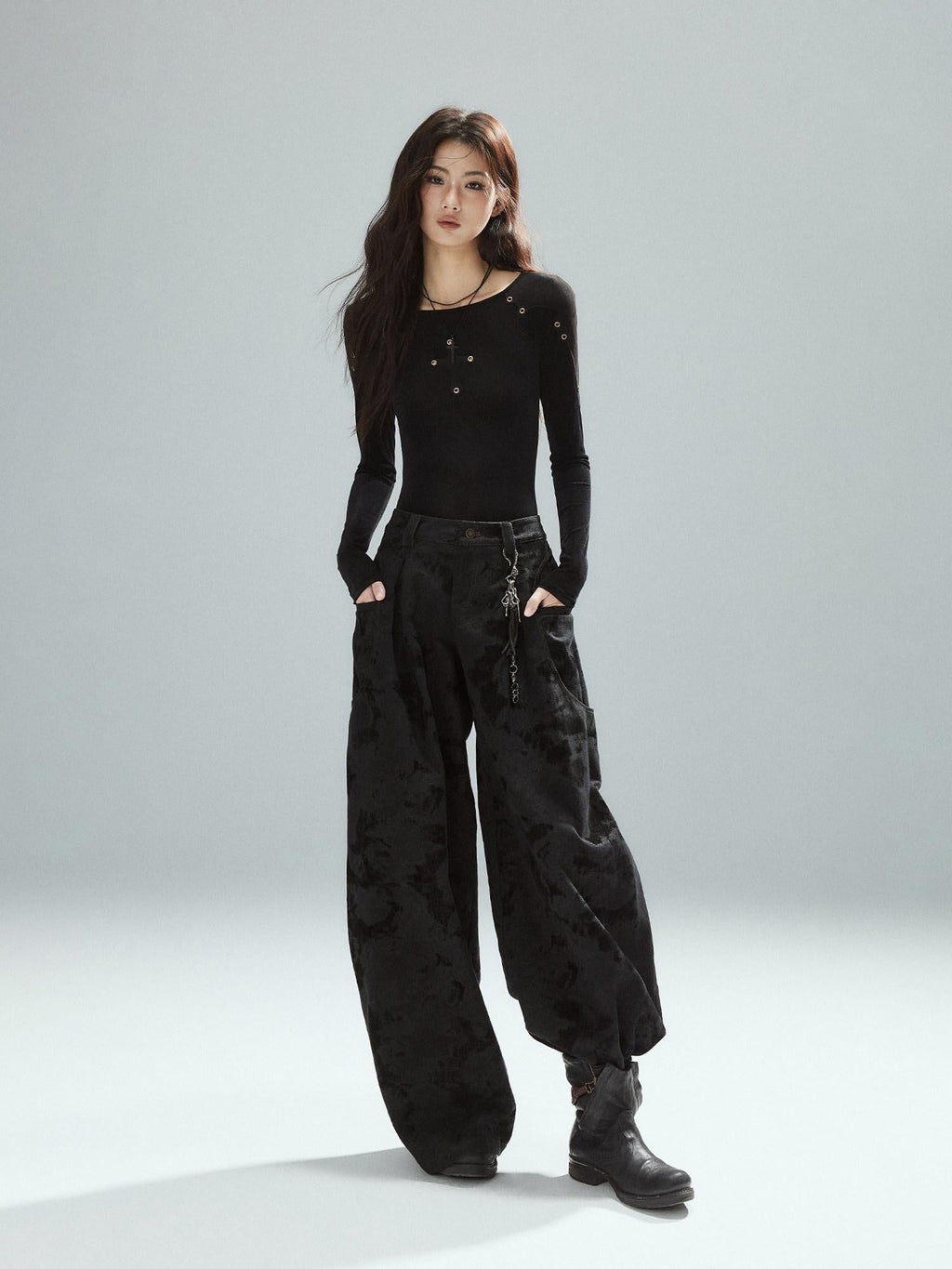 Black Cotton Flocked Low Rise Loose Street Women Zip Fly Wide Leg Jeans