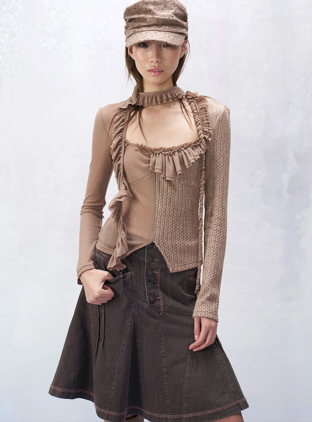Patchwork Ruffle Ribbon Knit Top (2color)