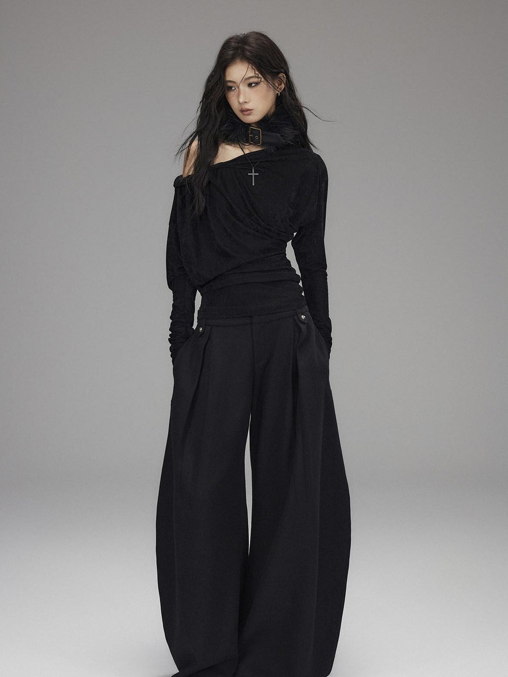 Vintage Waist Long Sleeve Slant Neck Black Knit Women Off Shoulder Crop Tops