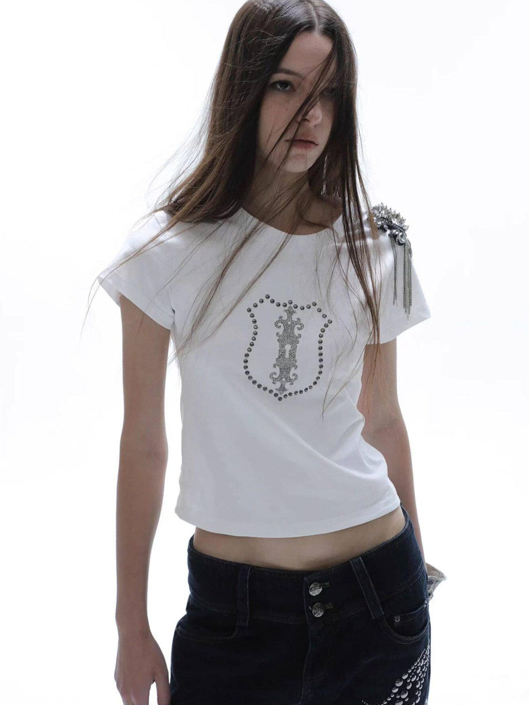 Cropped Hotfix Rhinestone Slim Fit Vintage Women'S Cotton Short Sleeve T-Shirts