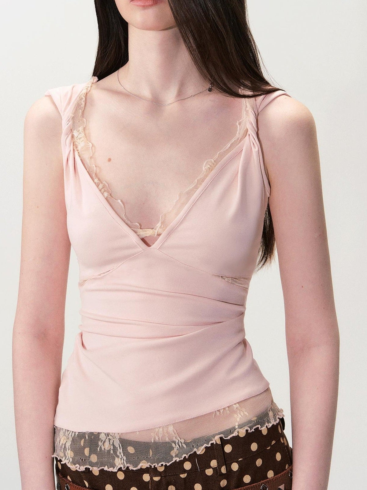 Soft Lace Slim Fit V-neck Stretch Cotton Tencel Women Pink Camisoles