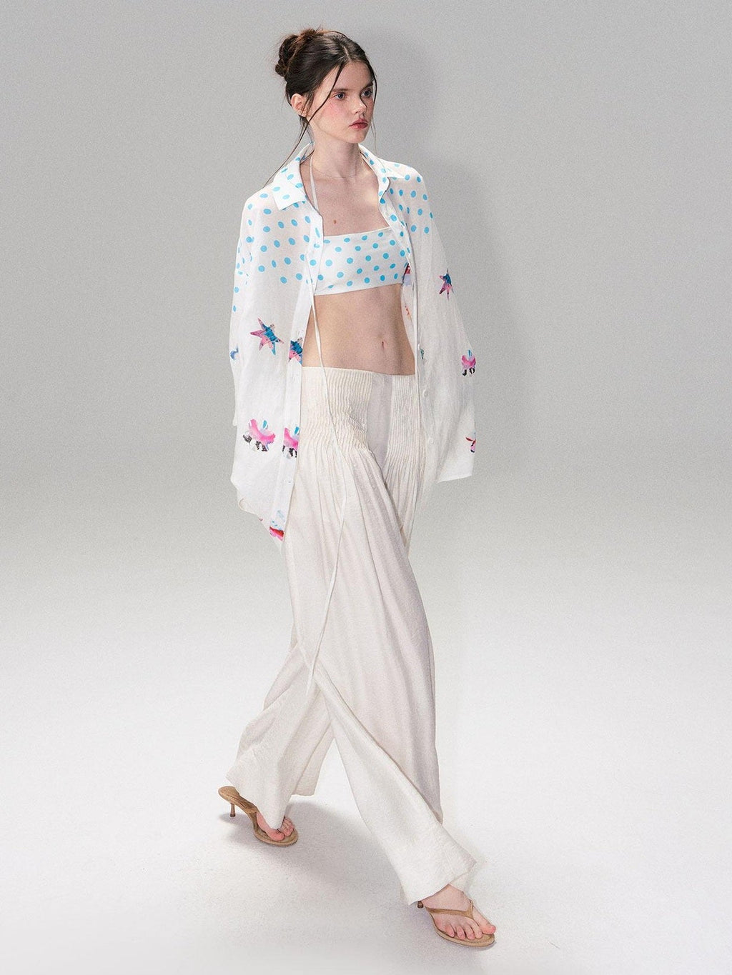 Soft Breathable Linen Blend Relaxed Drop Shoulder Polka Dot Long Sleeve Shirts