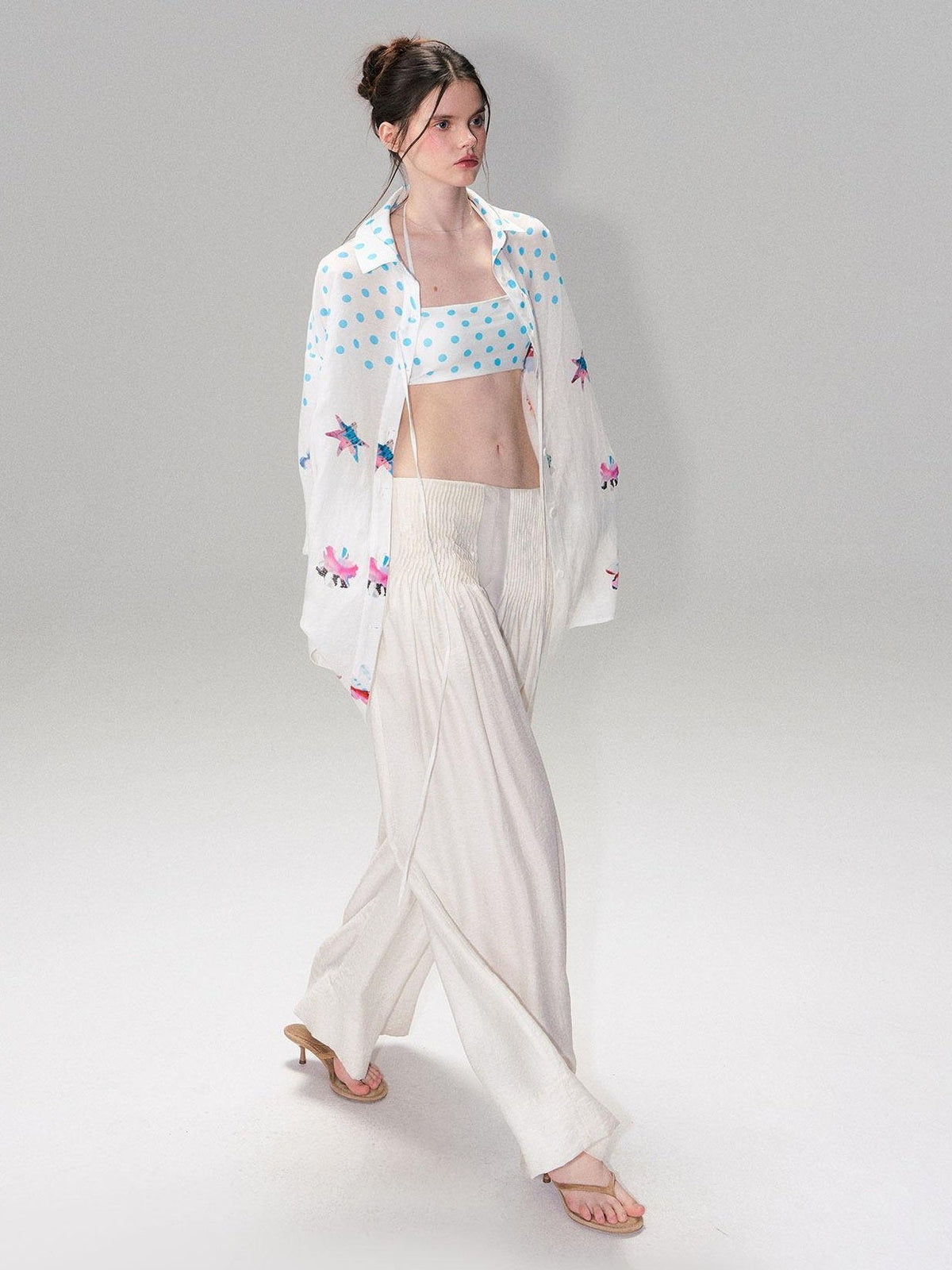 Soft Breathable Linen Blend Relaxed Drop Shoulder Polka Dot Long Sleeve Shirts