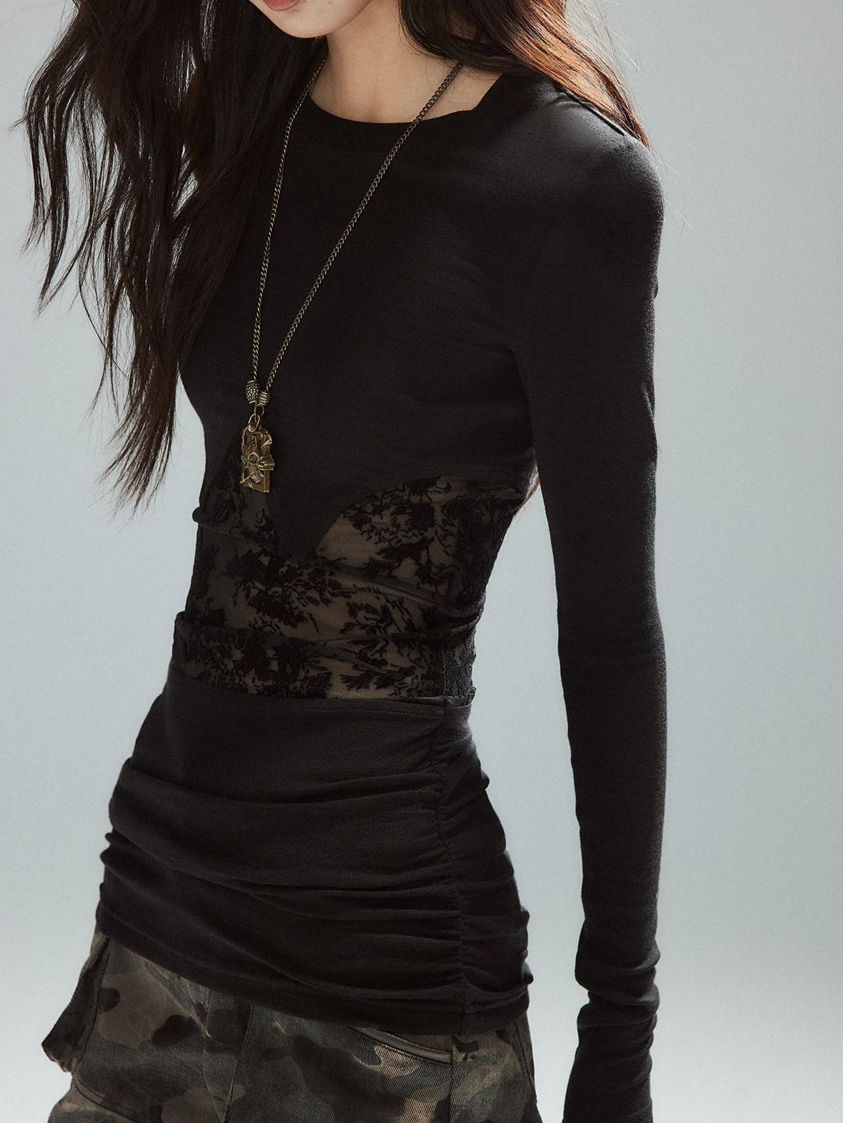 Asymmetrical Patchwork Slim Streetwear Black Lyocell Long Sleeve T-Shirts