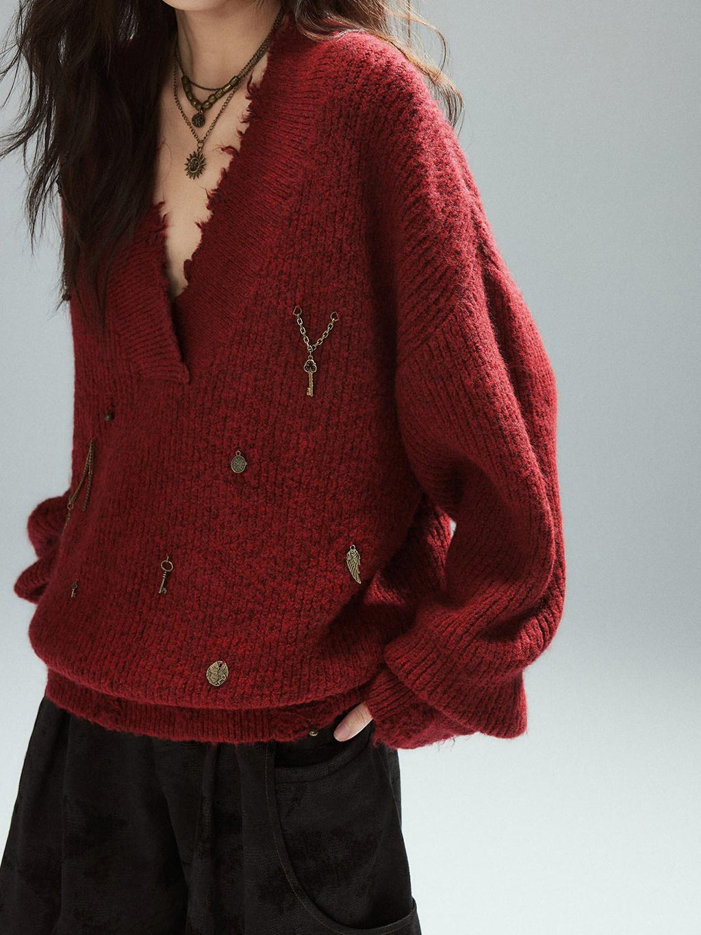 Warm Oversized Street Raw Hem Women V-neck Red Pullover Sweaters