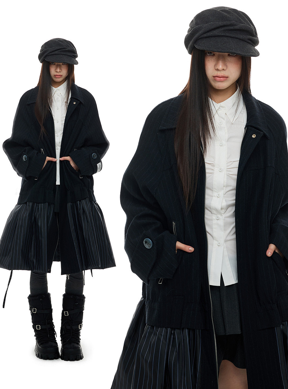 Navy Pinstripe Wavy Shirred Hem Coat