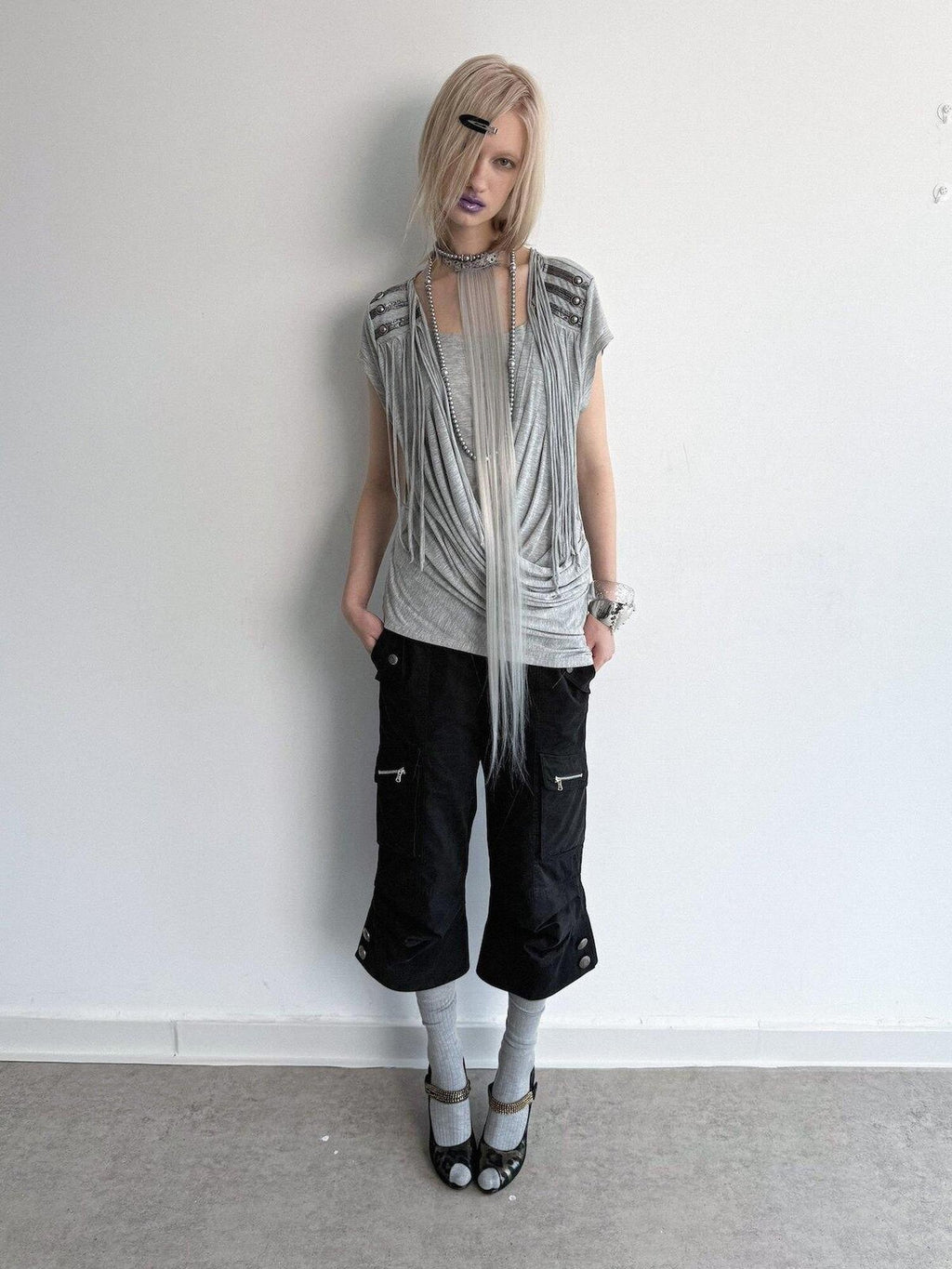 Desert Sand Asymmetric Draped Tassel Knit Women'S Lyocell Short Sleeve T-Shirts