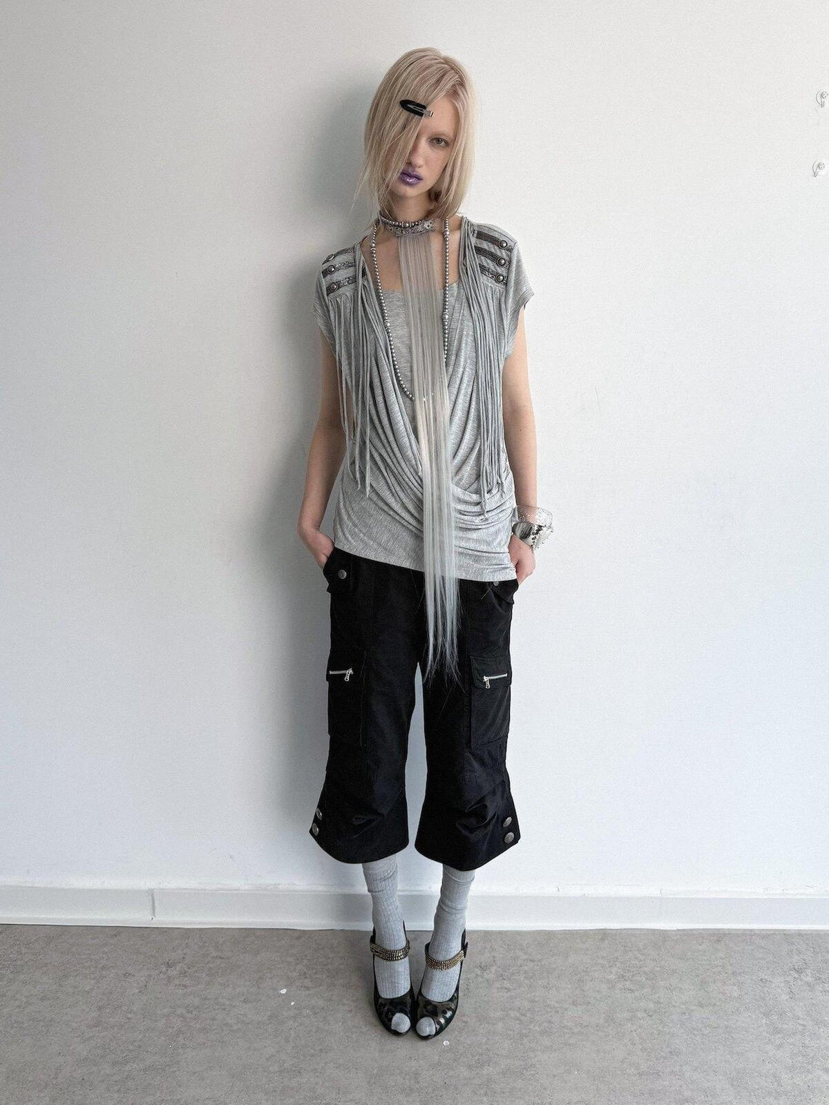 Desert Sand Asymmetric Draped Tassel Knit Women'S Lyocell Short Sleeve T-Shirts