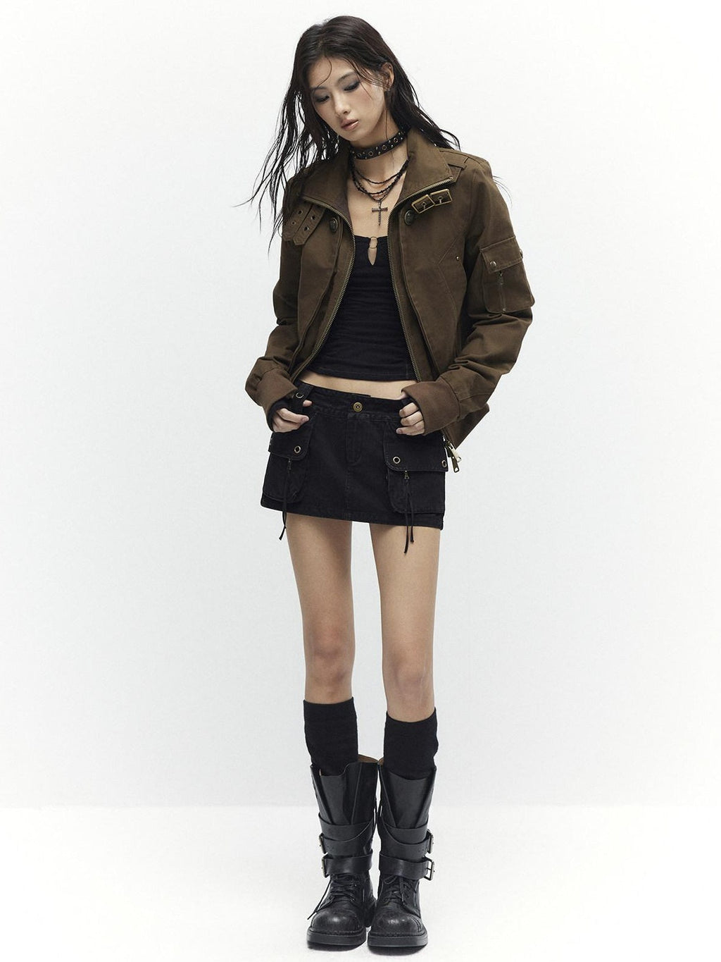 Plush Lined Waist Cinch Dark Goth Slim Fit Women Zip High Collar Cropped Jackets