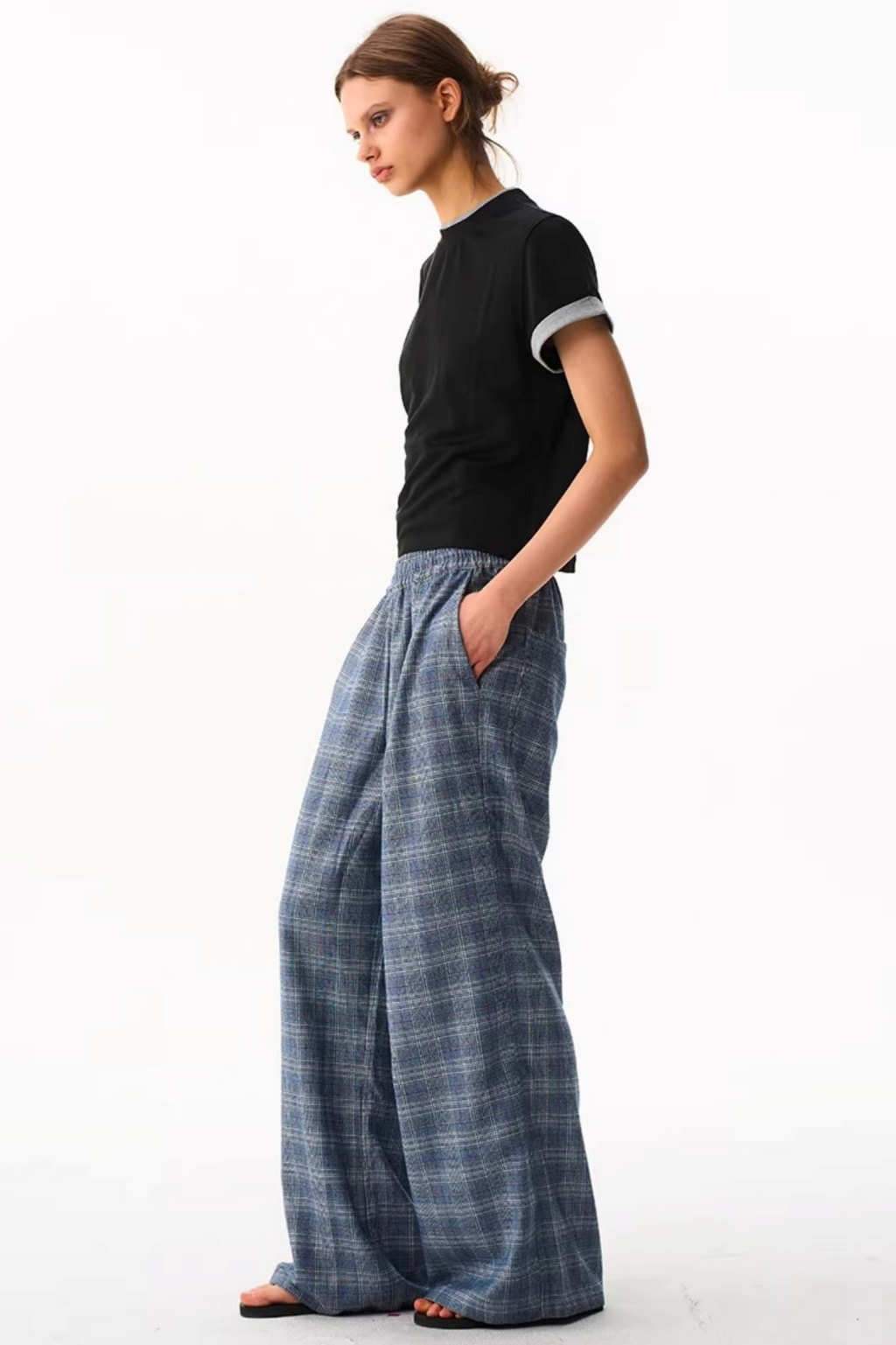 Blue Plaid Wide-Leg Pants