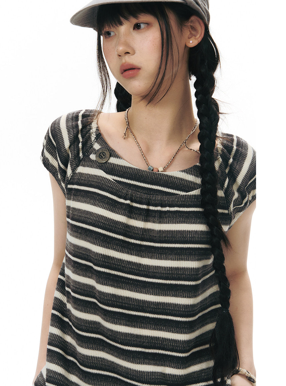 Retro Brown Stripe Button Top